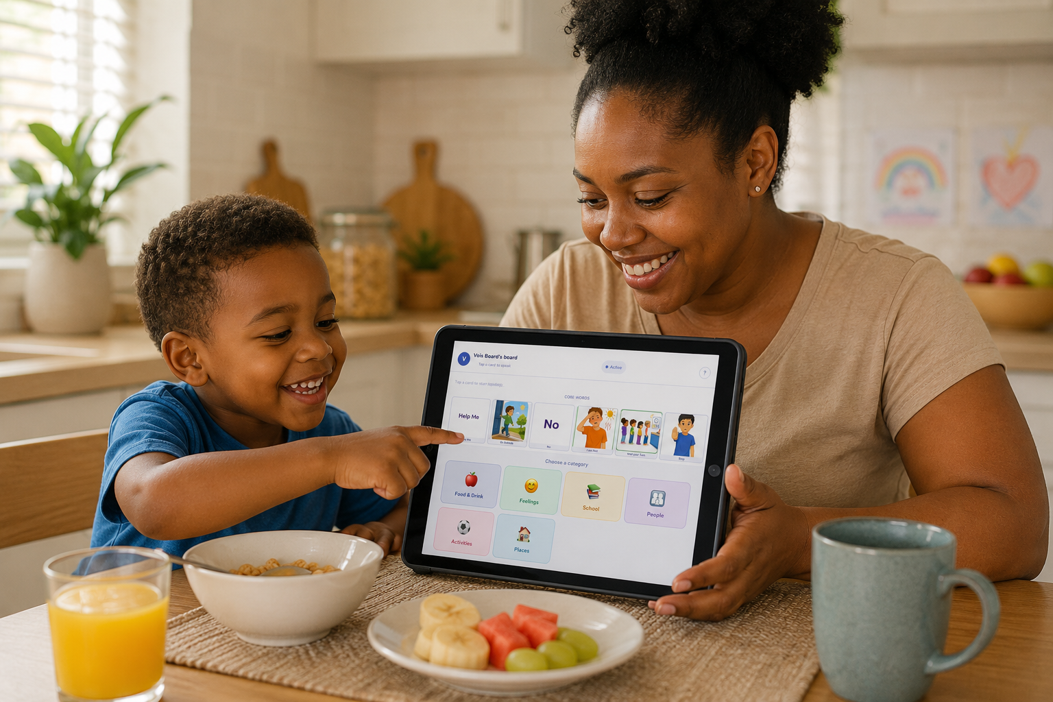 Mother and child using VOIS together during breakfast
